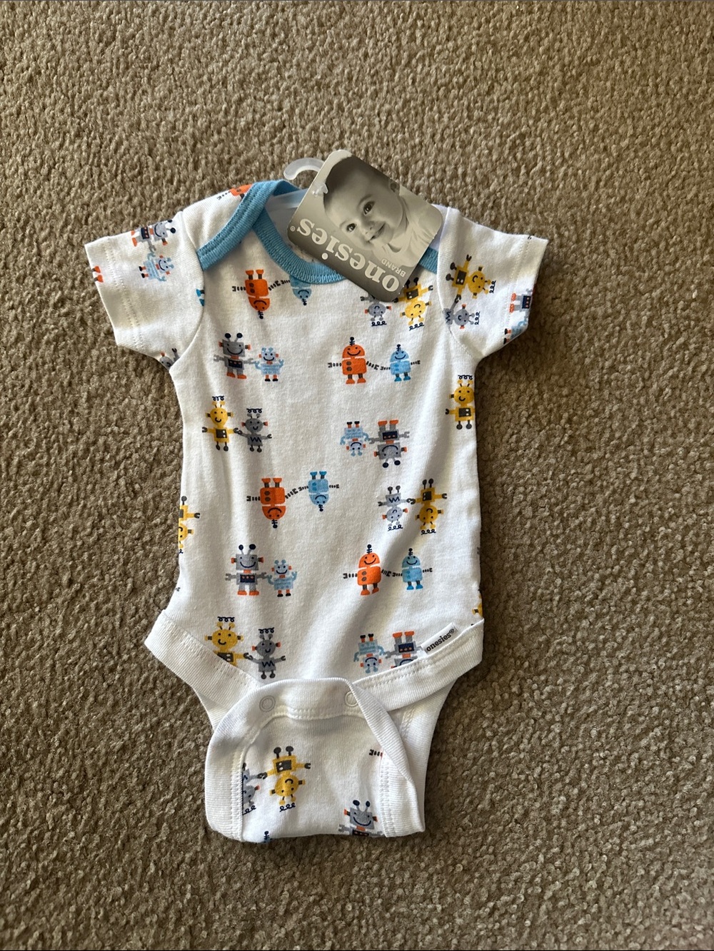 Carter's White One-Piece Bodysuit with Blue, Orange, Yellow Robot Prints